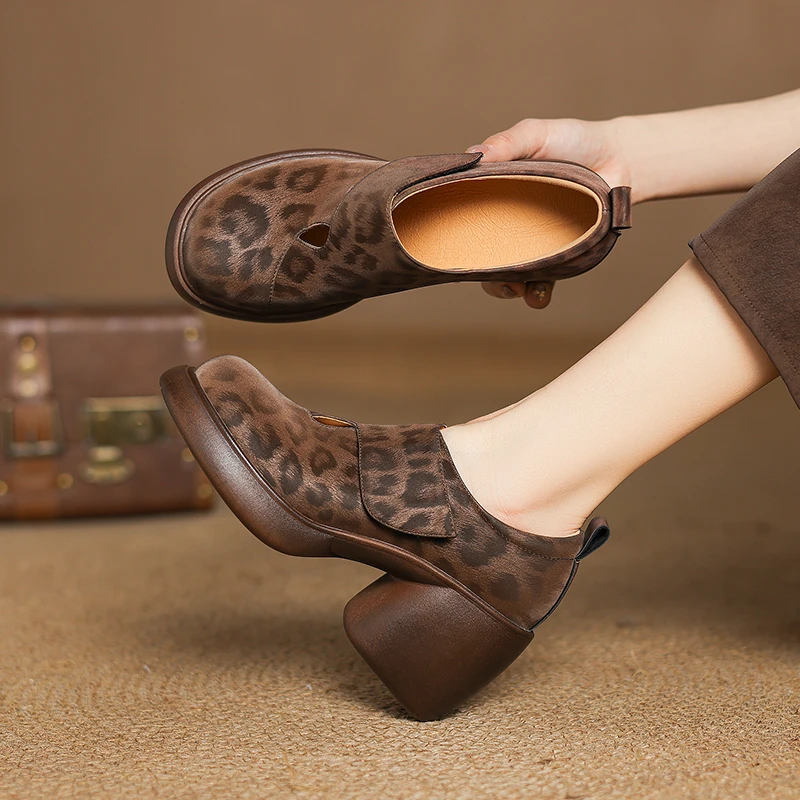 羊皮/跟高8cm/百搭真皮复古粗跟英伦风方头中跟圆头舒适妈妈单鞋