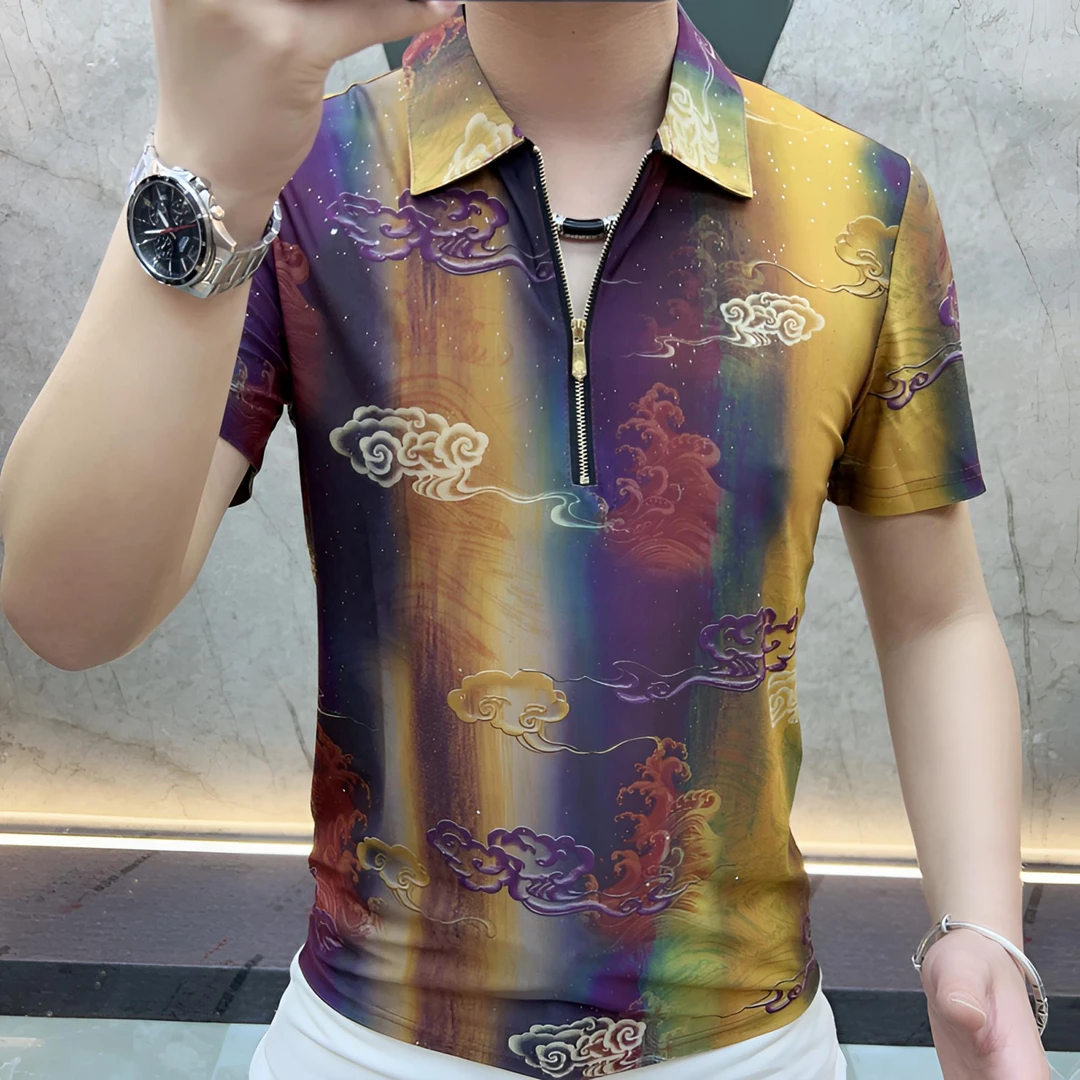 欧货男装时尚休闲夏季商务翻领轻奢拉链百搭透气半袖男士休闲衬衫