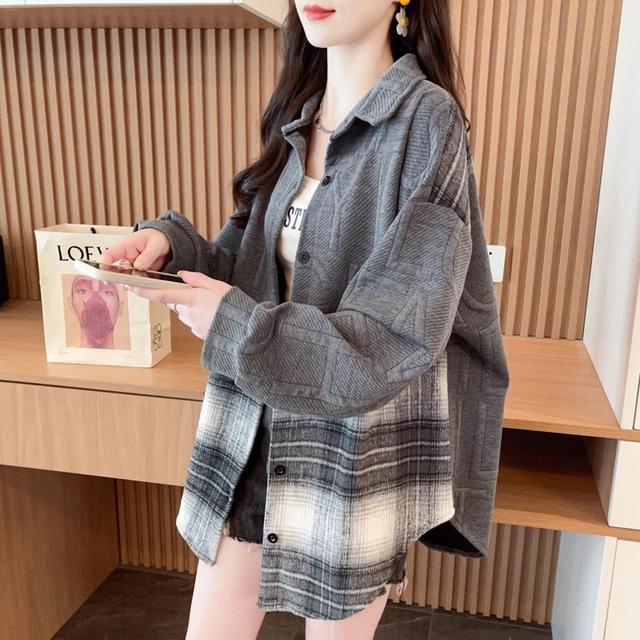 设计感女小众秋冬bf慵懒风拼接衬衫外套大码中长款不规则提花上衣
