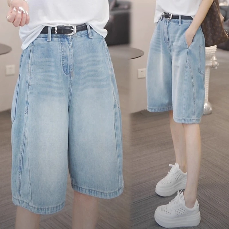 欧货蓝色花苞工装牛仔裤女2025夏季新款宽松显瘦高腰休闲五分裤子