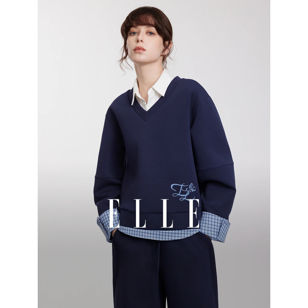 ELLE深蓝色学院风拼接格子套头卫衣女2025春季新款设计感EW50701