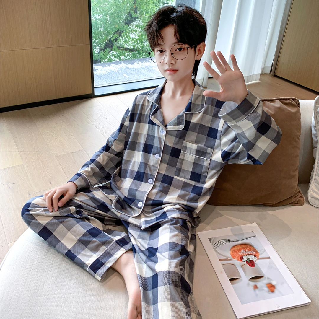 男童睡衣纯棉春秋季10至15岁小男孩家居服网红青少年长袖格子套装