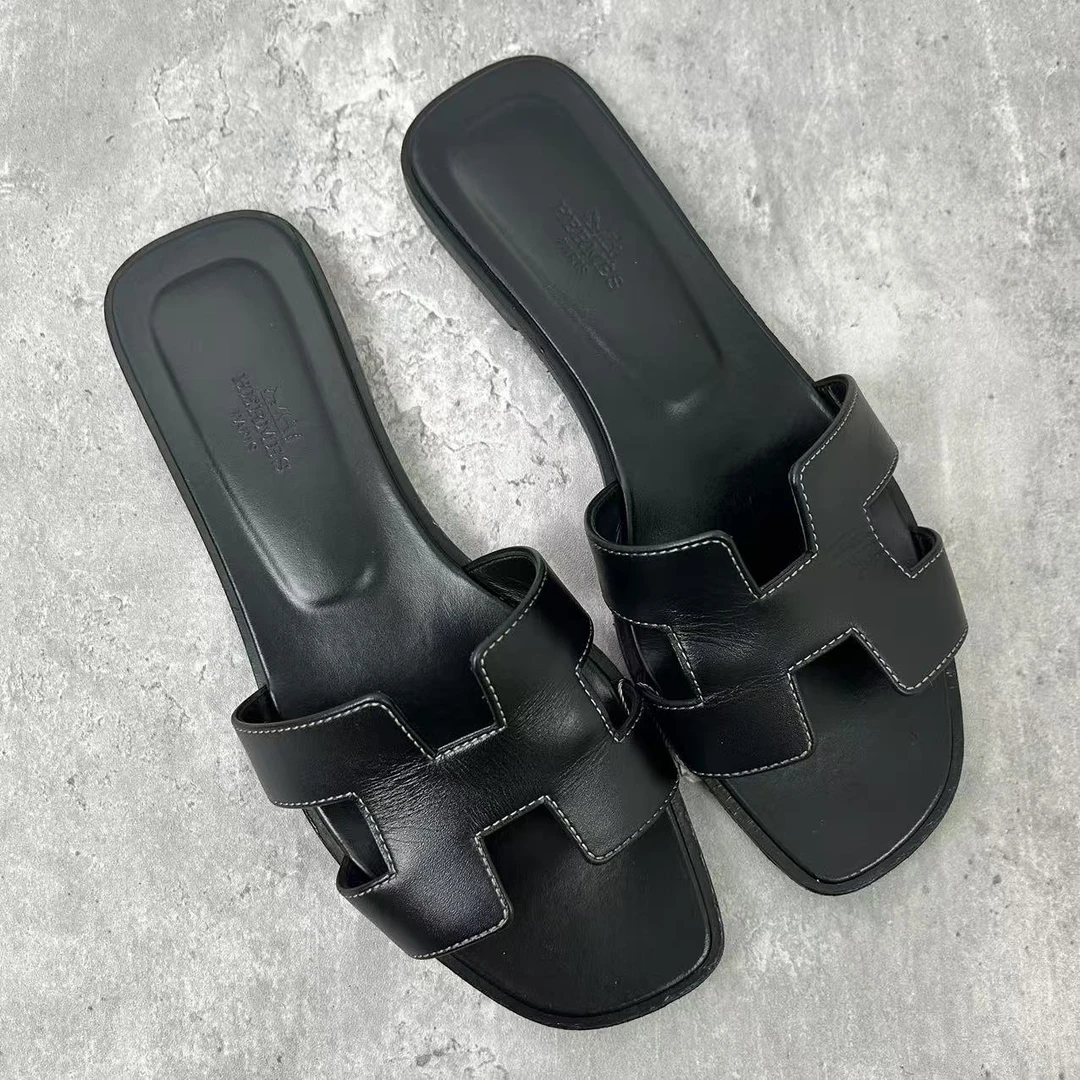 95新 Hermes/爱马仕 38码/仔仔女鞋/黑色H时尚经典平底拖鞋wsp562