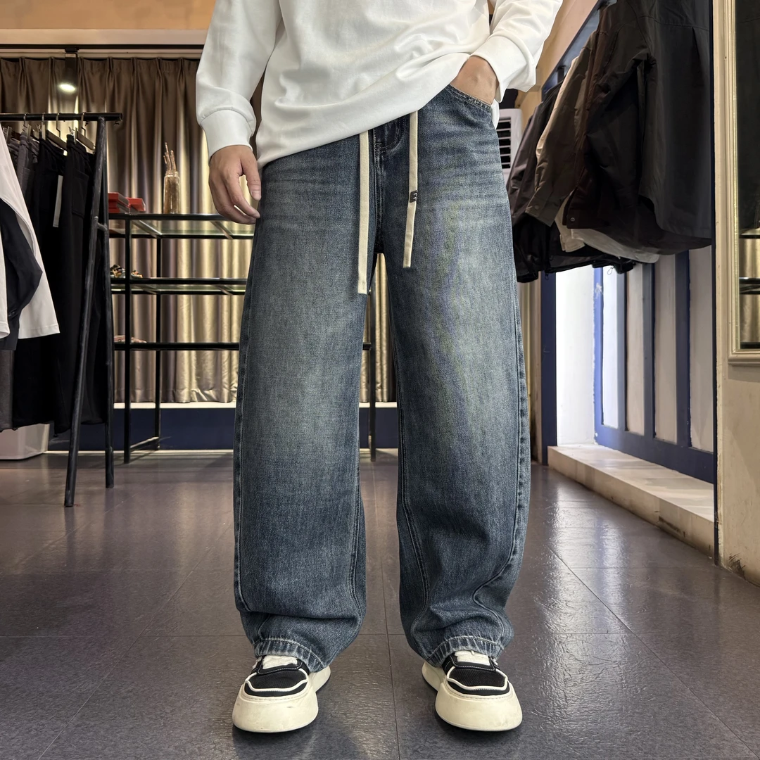 KP-X立裁复古水洗高棉感蓝牛秋冬休闲百搭男士松紧腰弯刀牛仔长裤