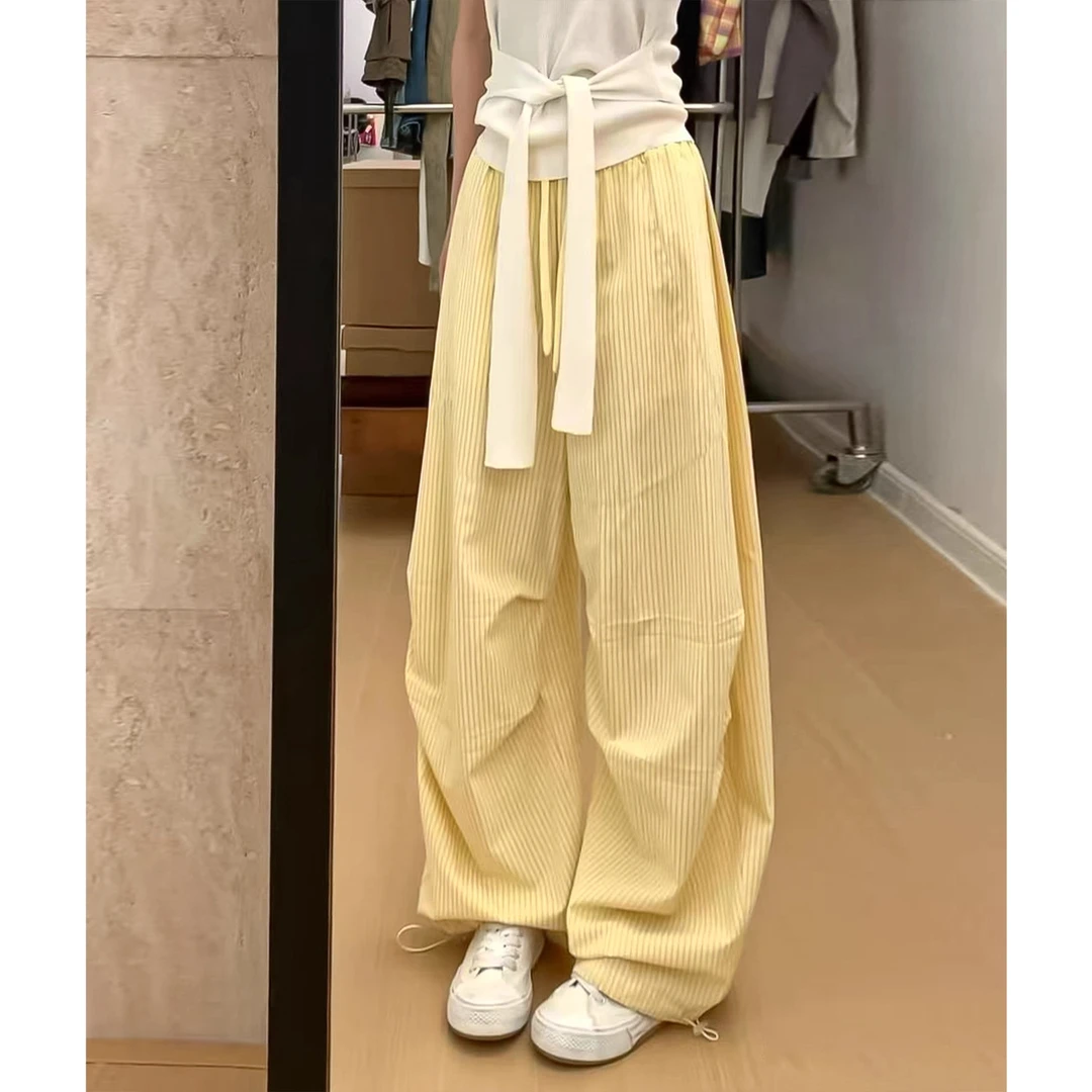 多巴胺黄色条纹刺绣工装裤女夏季薄款宽松休闲阔腿裤爵士跳舞裤子