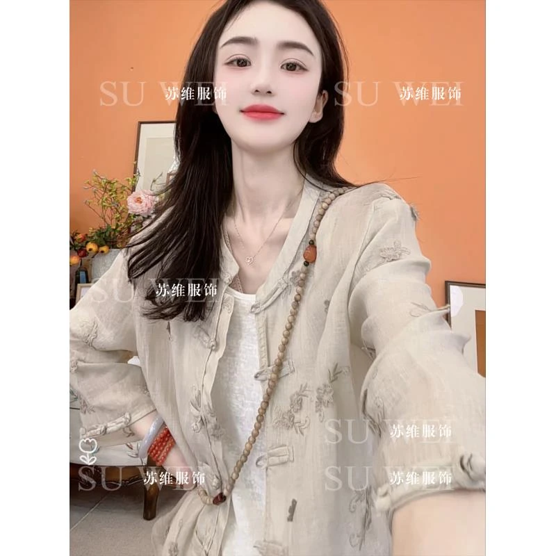 2225薄款苎麻刺绣立领单排多盘口衬衫复古时尚气质女装