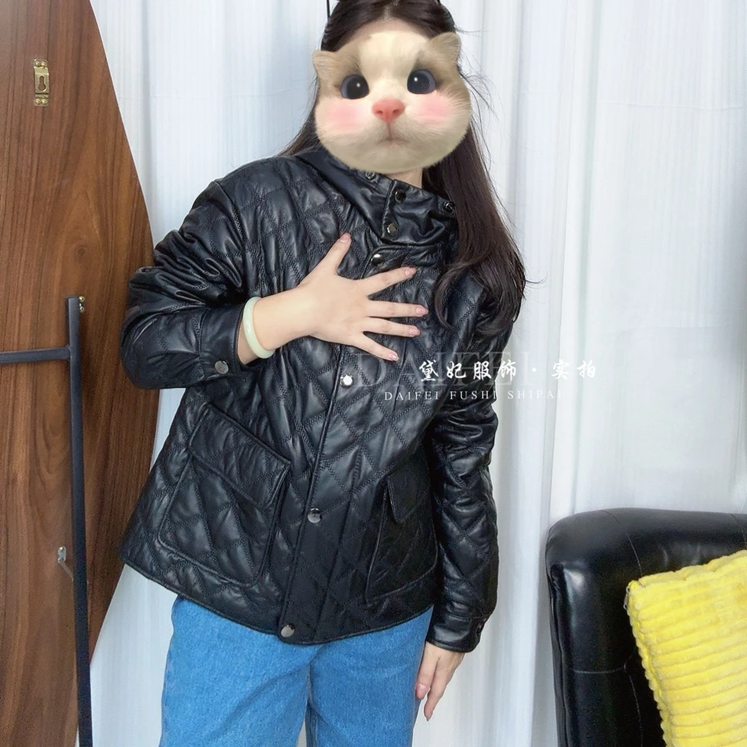 绵羊皮格子保暖加厚皮衣女 时尚休闲连帽皮夹克 真皮宽松大码外套