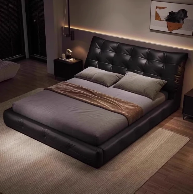 意式极简生态真皮床头现代简约主卧高端大气双人床大黑牛软包婚床