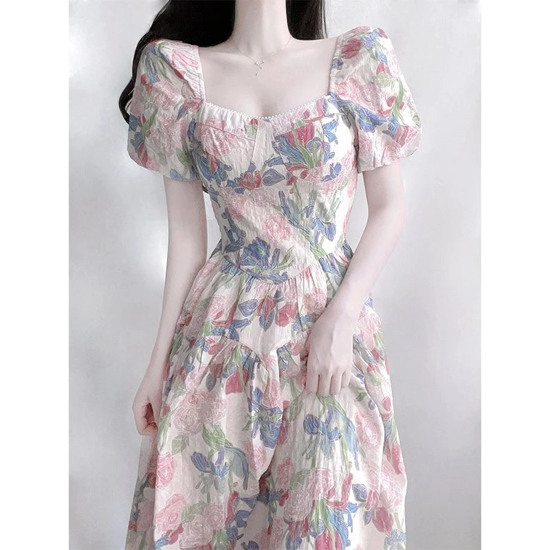 【董小姐优选】5161-5170时夏季碎花复古方领修身设计感连衣裙名媛