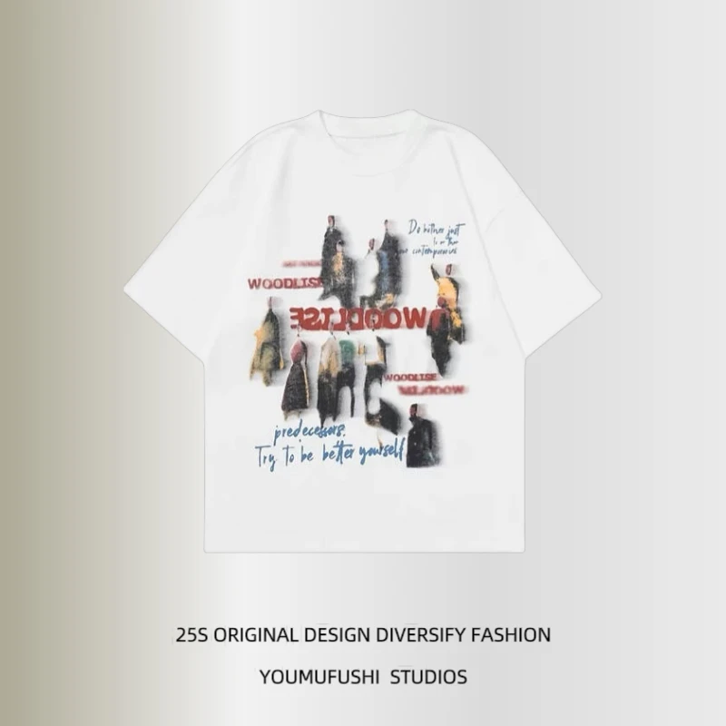 2025美式复古潮流虚幻人像印花短袖T恤情侣宽松百搭纯棉打底上衣