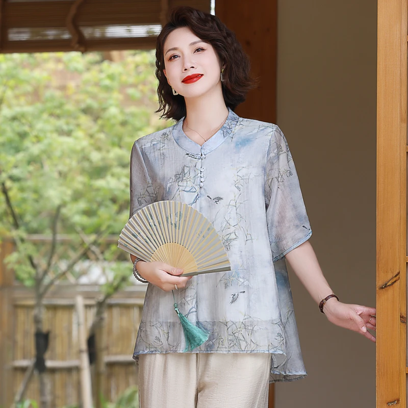 洋气百搭妈妈衬衫套装新中式时尚印花宽松中老年女装小衫