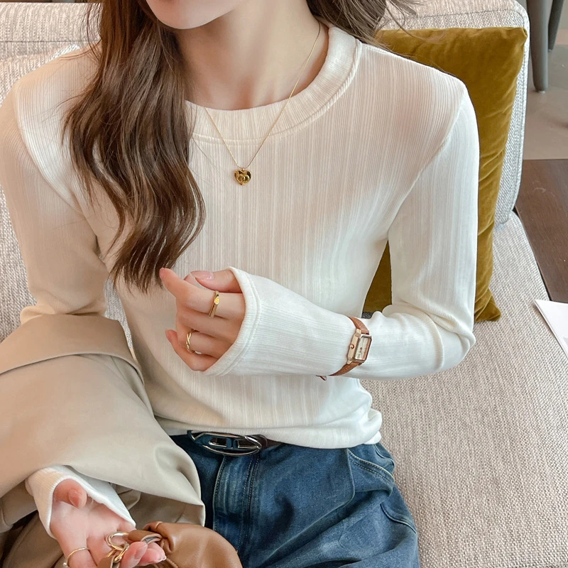 肌理感椰绒螺纹小圆领/小立领打底衫女内搭高级感秋冬长袖上衣