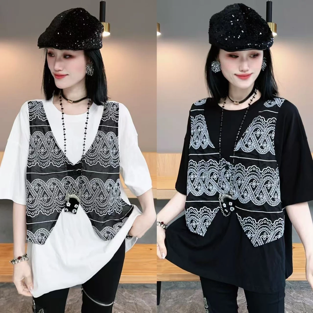 【YJ·高定】2025春夏设计感假两件百搭显瘦蕾丝撞色半袖女 YY1988