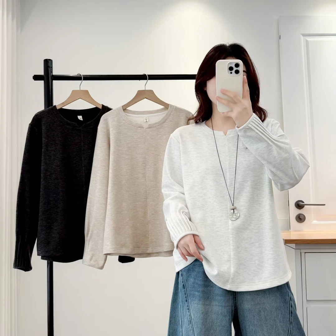 2025年秋季新款褶皱女长袖大码女款圆领长袖T恤韩版休闲打底