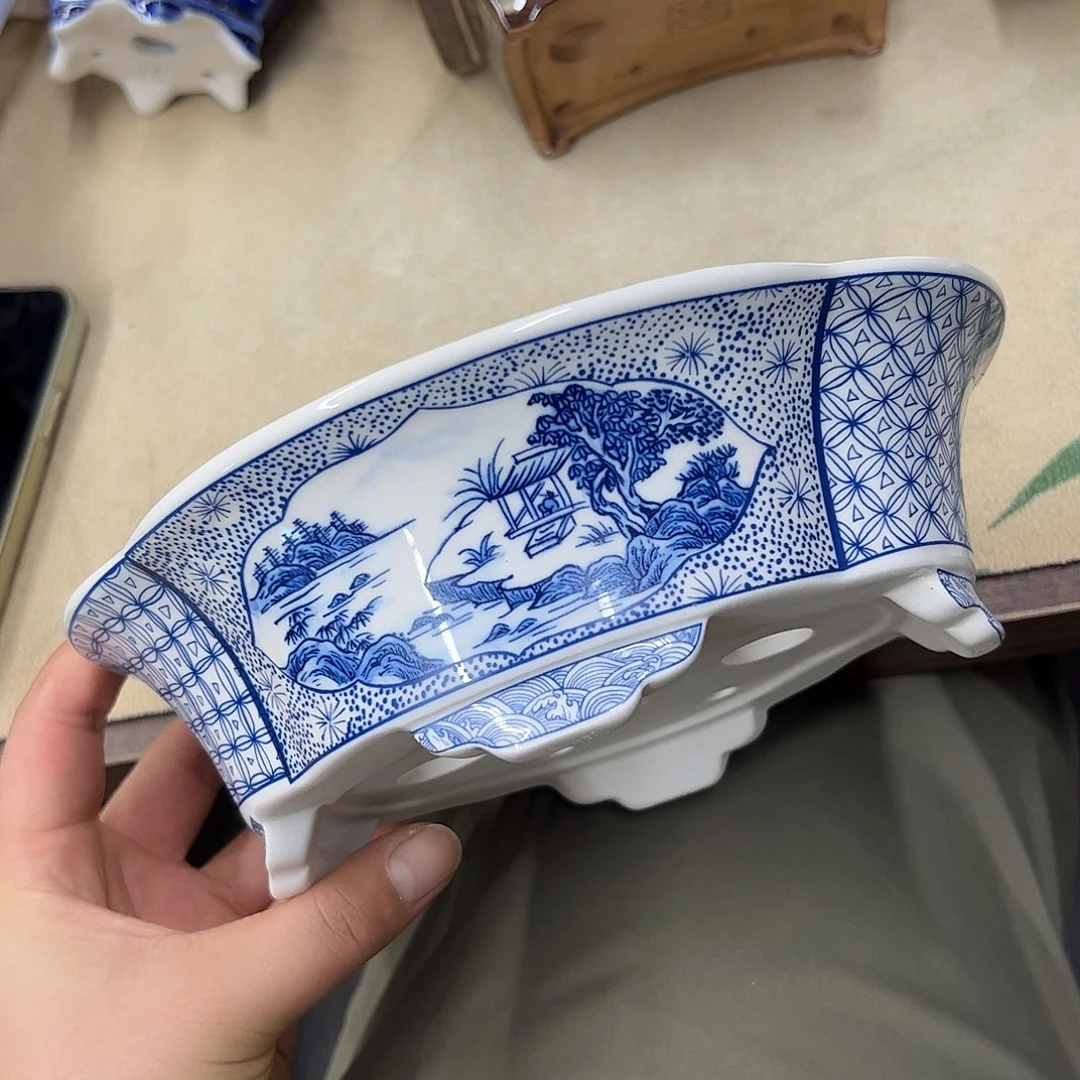 紫砂花盆958号微瑕20/18/6.5cm仿手绘青花海棠