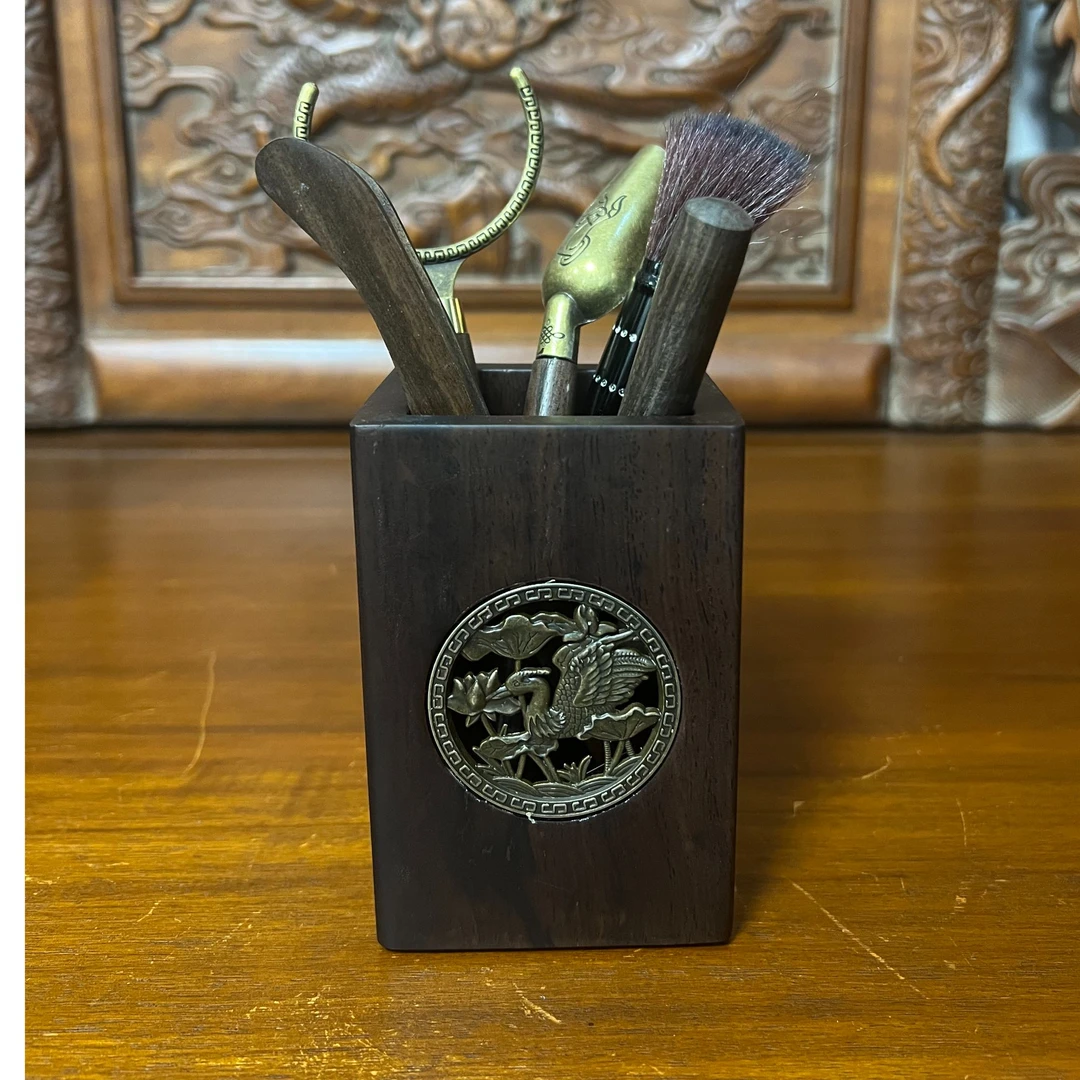 [百宝汇】黑檀实木茶道六君子套装家用收纳筒