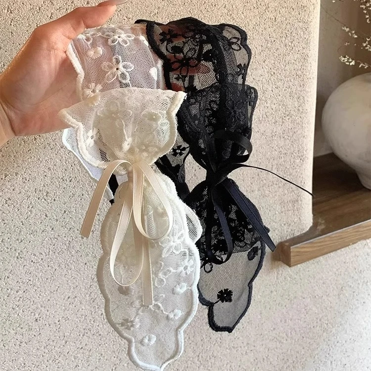 2025新款式田园小花蕾丝飘带宽边发箍气质蕾丝刺绣蝴蝶结头饰发饰