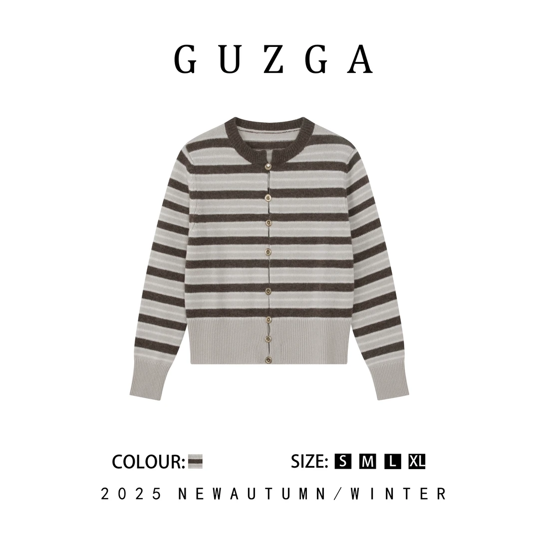 GUZGA【质感穿搭】2025早秋上新条纹圆领开衫长袖修身时尚百搭