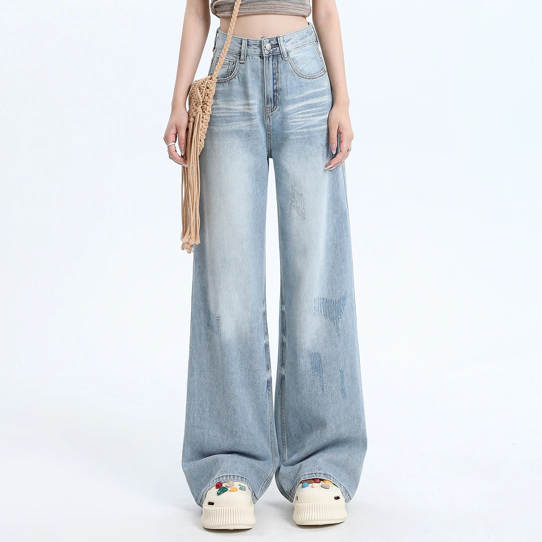 李柒月2025年美式复古磨破宽松阔腿裤垂感百搭高腰破洞牛仔裤女