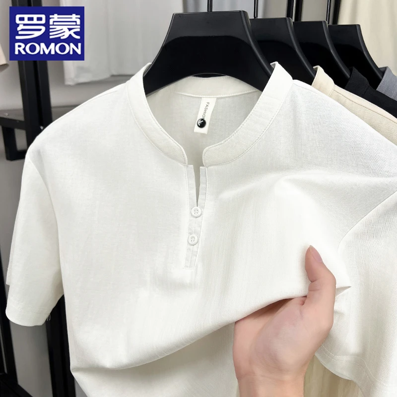 罗蒙高档含亚麻纯色T恤男士夏季新款凉感休闲立领短袖体恤男上衣