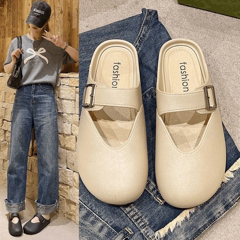 2024新款法式平底一脚蹬夏季外穿厚底包头拖鞋女时尚软底凉拖鞋女