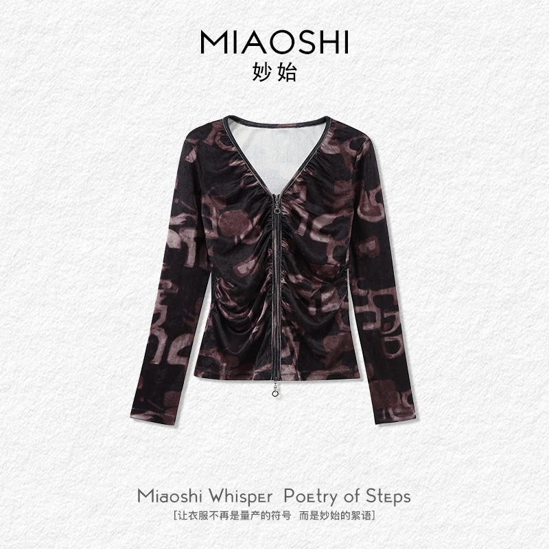 MIAOSHI/妙始 时尚高档印花丝绒长袖女2025新款秋季气质百搭上衣