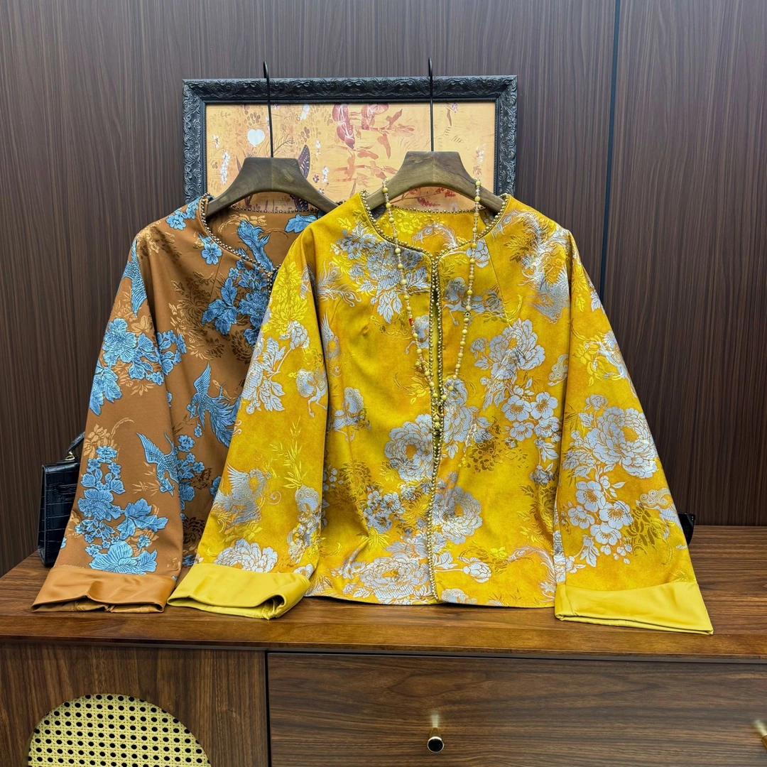 大码女装新中式常规款圆领女长袖短外套国风提花复古重磅