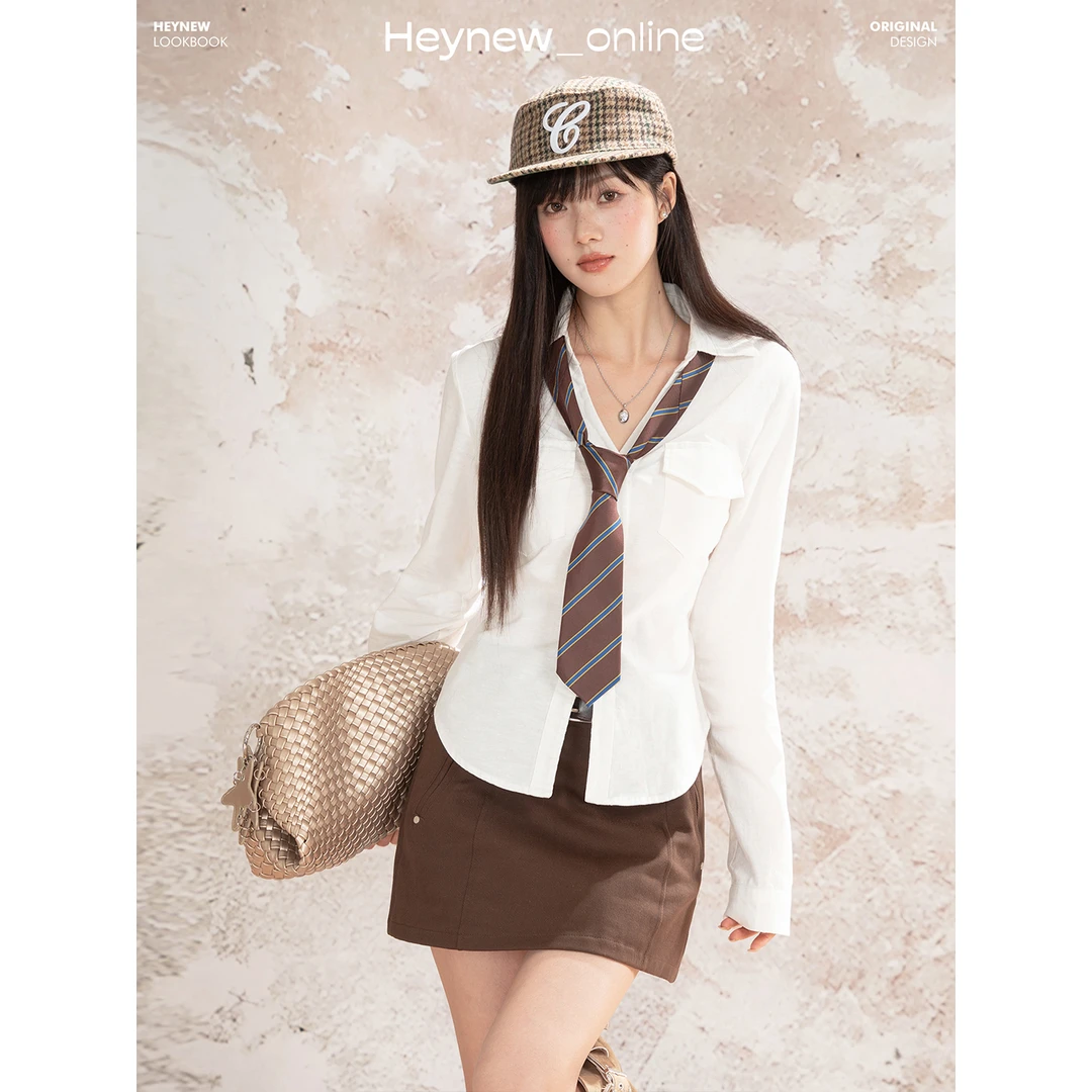 LOVEHEYNEW纯欲辣妹纯色翻领长袖衬衫收腰显瘦减龄上衣5Q342