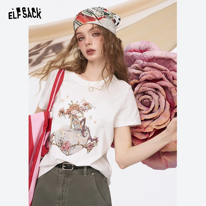 妖精的口袋白色印花短袖t恤女2025年夏季新款设计感正肩休闲上衣