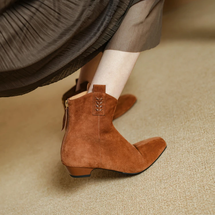 2.5cm~真皮软底软皮切尔西短靴2025秋冬新款方头粗跟后拉链时装靴