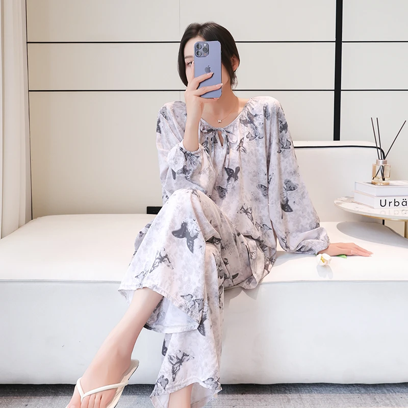 25新款棉绸睡衣女春季上衣长裤一套纯绵绸两件套家居服人造棉套装
