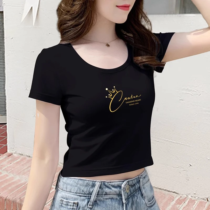 多巴胺黑色短款t恤女短袖夏季潮牌高腰正肩显瘦百搭露脐上衣半袖