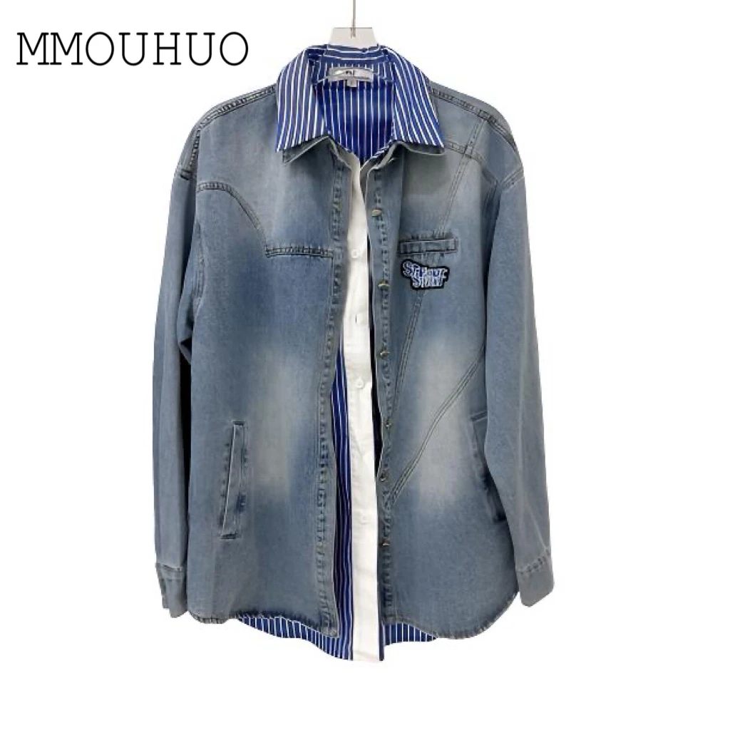 深圳MMOUHUO新款拼接条纹翻领假两件衬衫