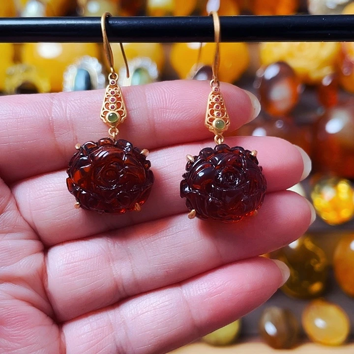 清***惜琥珀银S925镶嵌裸石耳环