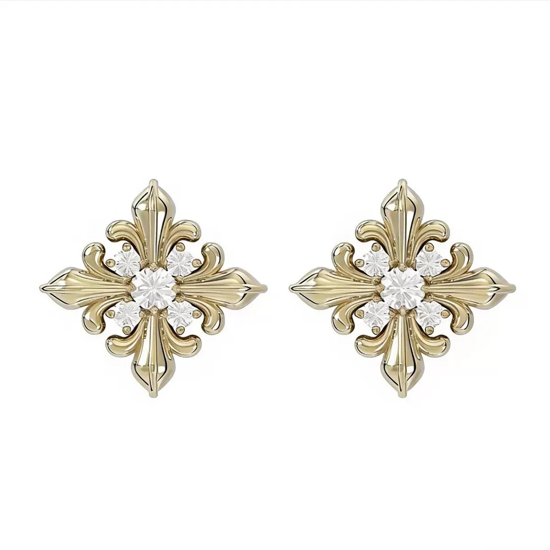 铜合金合成锆石耳饰 鸢尾花方形耳钉复古简约轻奢小众女款