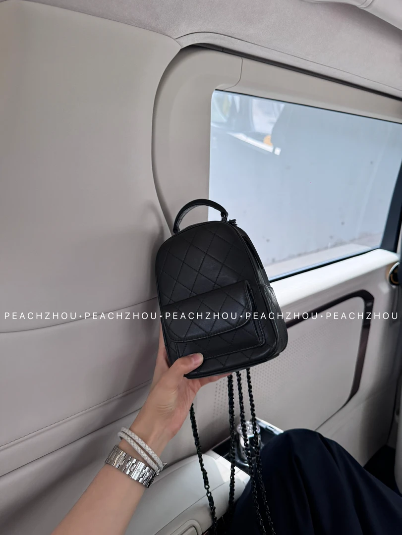 『PEACHZHOU』菱格小香风头层牛皮mini双肩包单肩斜挎手提多用女包
