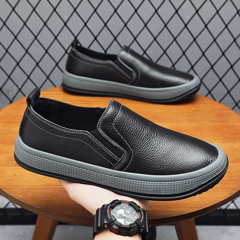 2025春季爆款皮面休闲爸爸鞋圆头一脚蹬皮鞋软底软面防滑耐磨男鞋