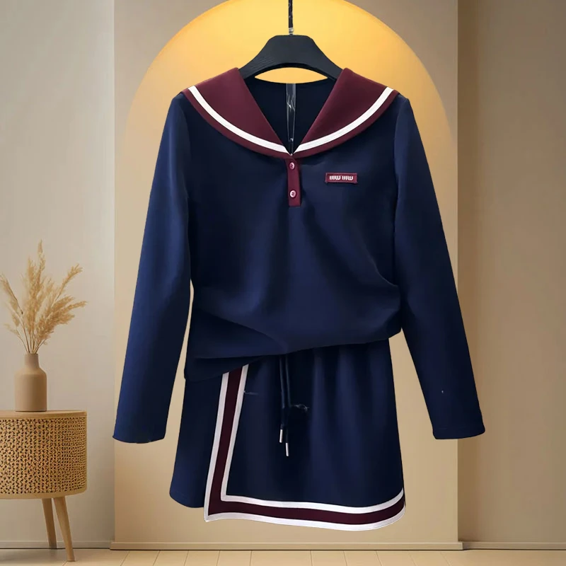 学院风设计感套装女2025秋季新款韩系长袖上衣+高腰半身裙两件套