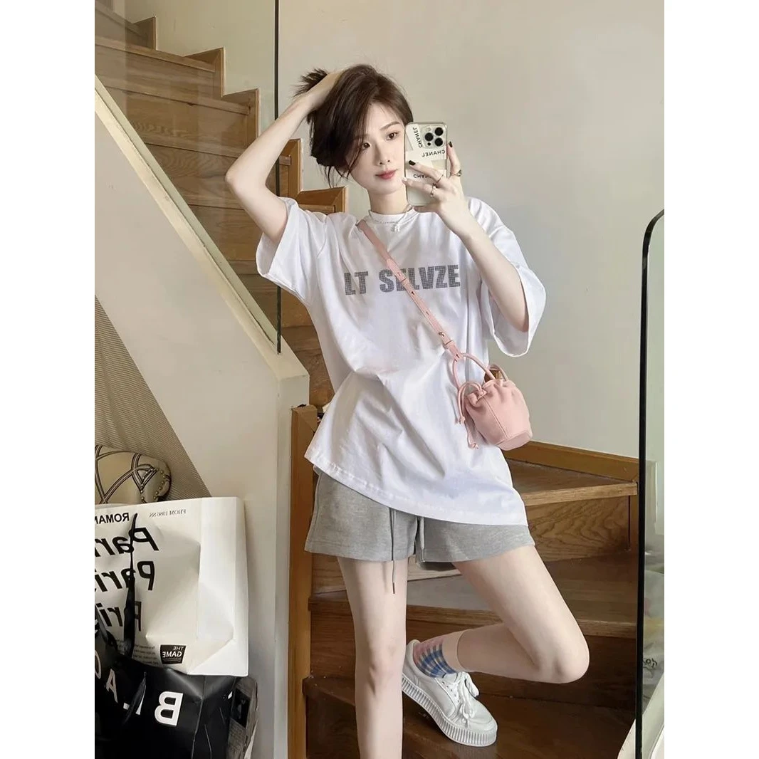 初中生夏装运动短裤套装2025新款少女时尚休闲白色短袖T恤两件套
