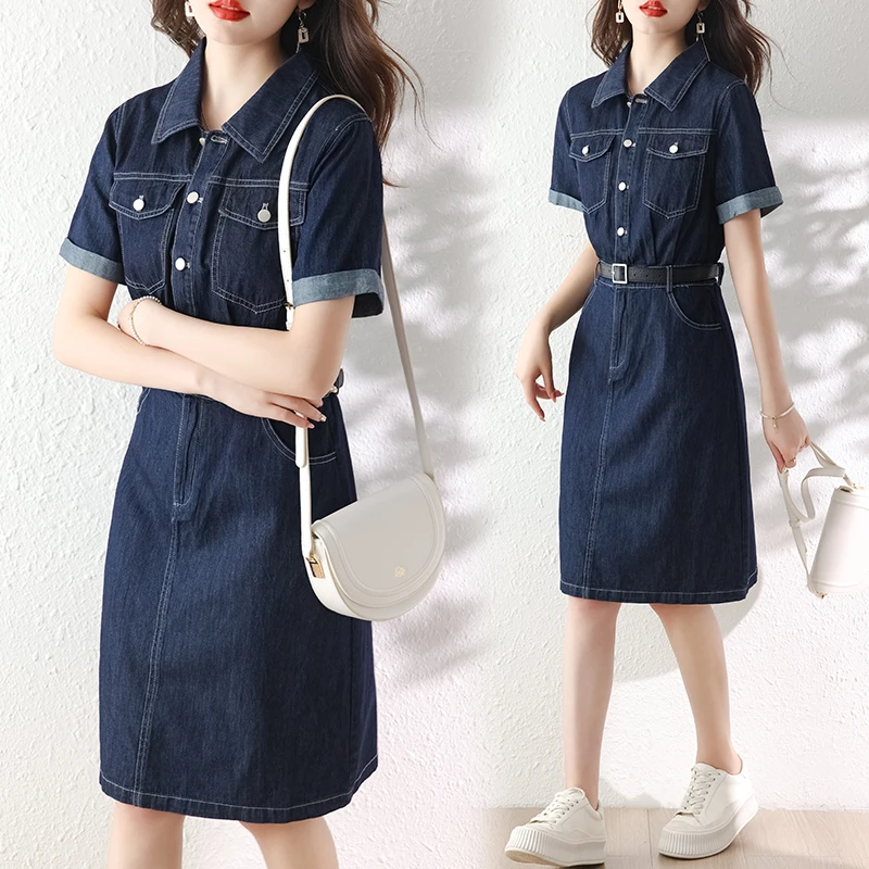 薄款牛仔衬衫连衣裙女2025年夏季新款气质收腰小个子短袖翻领裙子