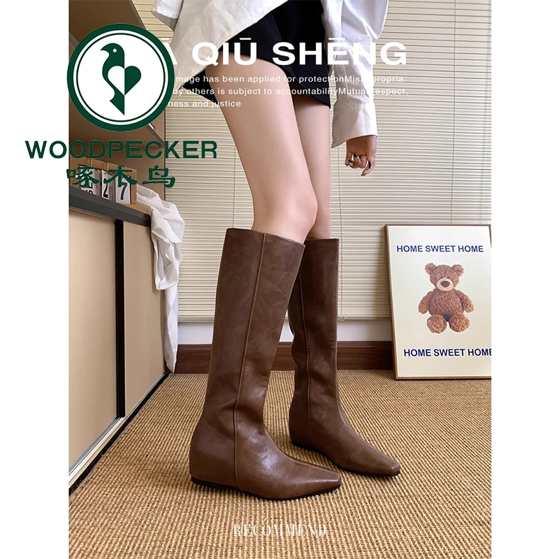 啄木鸟小个子内增高长靴加绒保暖2025年新款显瘦骑士靴百搭直筒靴
