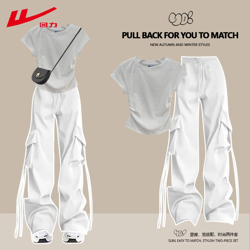 回力纯棉新中式女生夏季夏装短袖T恤多巴胺工装裤子辣妹两件套装