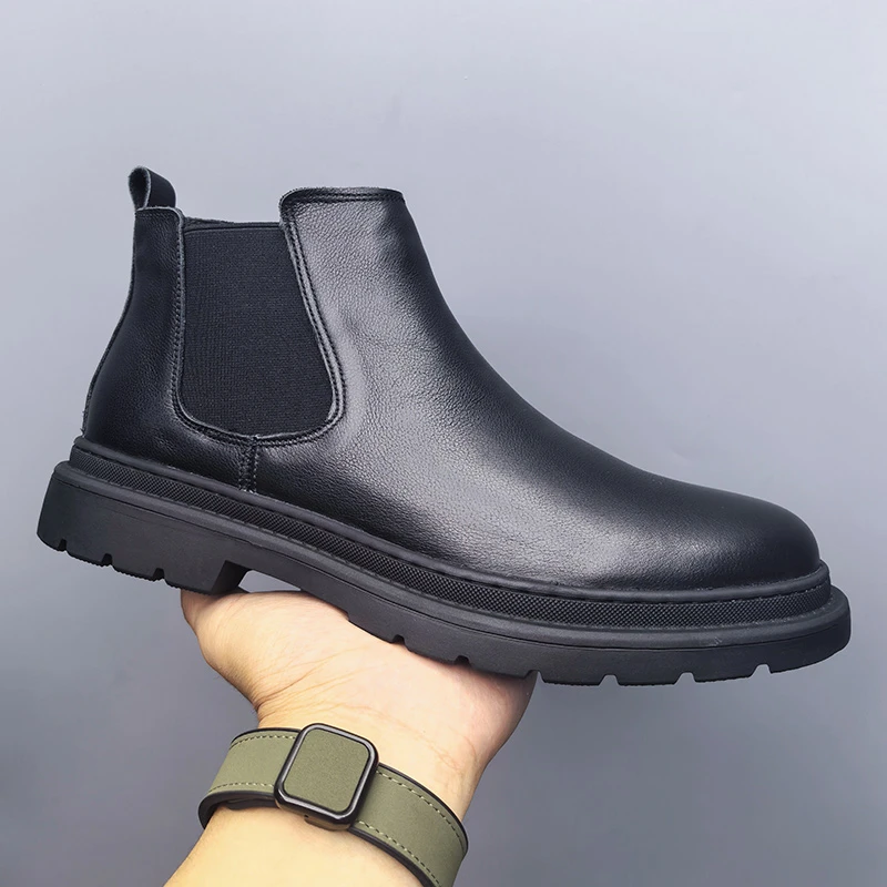 头层牛皮切尔西靴男中帮英伦风短靴子男士冬季高帮防滑耐磨马丁靴