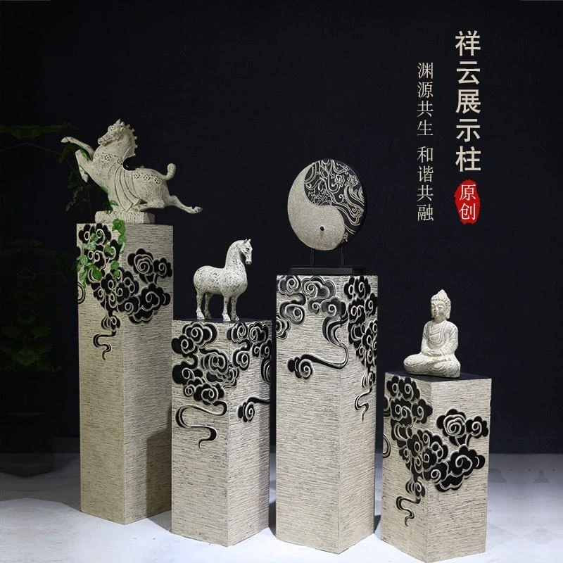 玄关摆件进门入户过道新中式客厅装饰店铺茶室禅意祥云柱落地底座