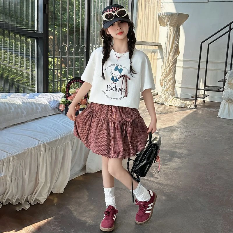 女童时尚猫咪T花苞裙套装