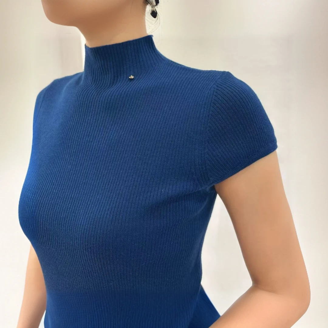 高领飞袖羊毛 衫 针织修身短袖薄款女长款毛针织衫打底衫