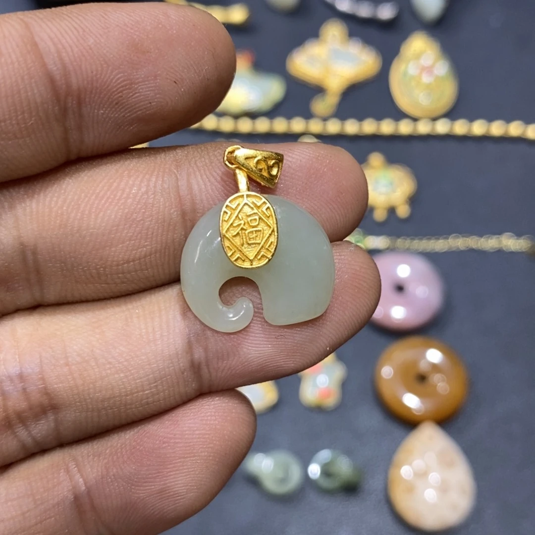 和田玉颈饰银S925镀金镶嵌