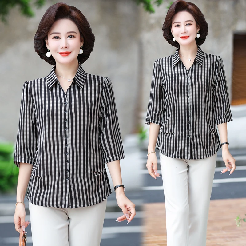 时尚新款中年女装四十岁妈妈装半袖显瘦衬衫宽松夏装遮肚条纹上衣