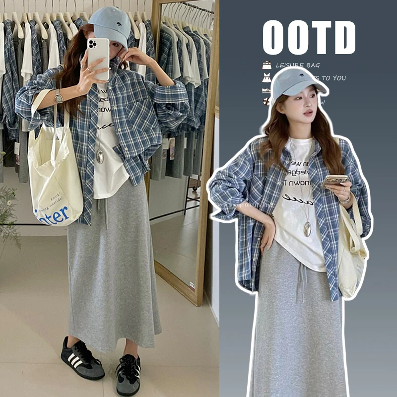孕妇套装春装新款时尚韩版宽松格子衬衫休闲字母T恤显瘦半身裙子