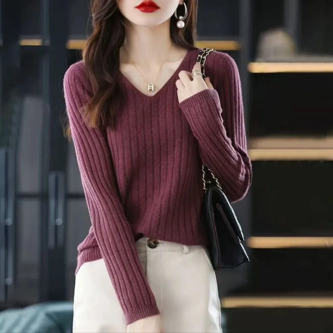 春秋简约毛衫V领毛衣洋气显瘦长袖打底女士针织衫上衣JFE